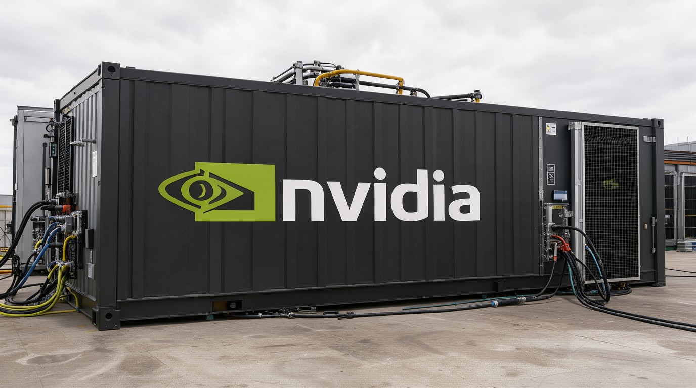 ภาพสร้างด้วย AI (ไม่ใช่ภาพถ่ายจริง) ประกอบข่าว Nvidia เตรียมขายดาต้าเซ็นเตอร์สำเร็จรูปแบบตู้คอนเทนเนอร์ ลดเวลาติดตั้งจาก 6 เดือนเหลือ 2 สัปดาห์