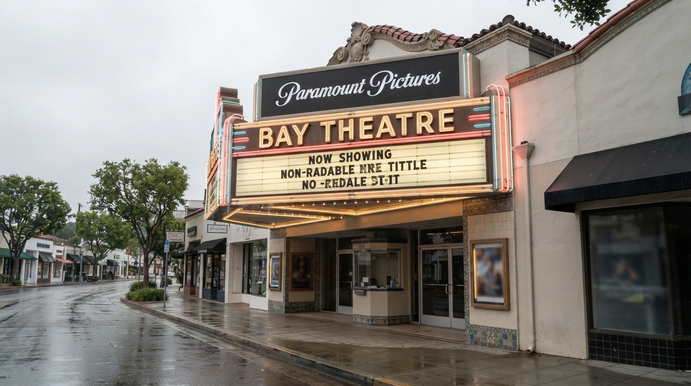 ภาพสร้างด้วย AI (ไม่ใช่ภาพถ่ายจริง) ประกอบข่าว Paramount Pictures เข้าบริหารโรงหนัง Bay Theatre ใน Pacific Palisades ต่อจาก Netflix