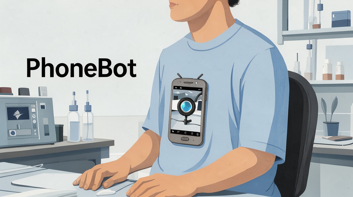 ภาพสร้างด้วย AI (ไม่ใช่ภาพถ่ายจริง) ประกอบข่าว นักวิจัย UCLA สร้างหุ่นยนต์ humanoid PhoneBot ใช้มือถือ Android เก่าราว 50 ดอลลาร์เป็นสมองและตา
