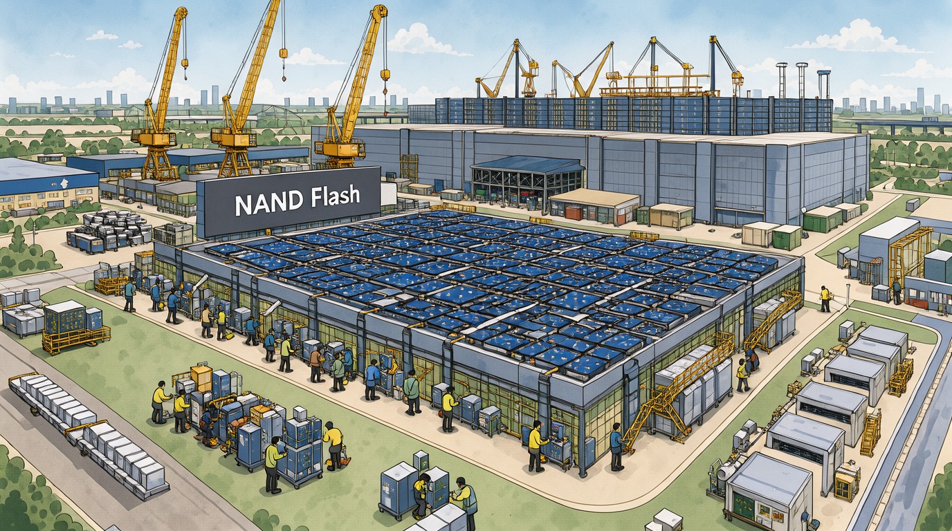 ภาพสร้างด้วย AI (ไม่ใช่ภาพถ่ายจริง) ประกอบข่าว Samsung และ SK Hynix เร่งอัปเกรดโรงงานในจีน ผลิตชิป NAND รุ่นใหม่ป้อน AI data center
