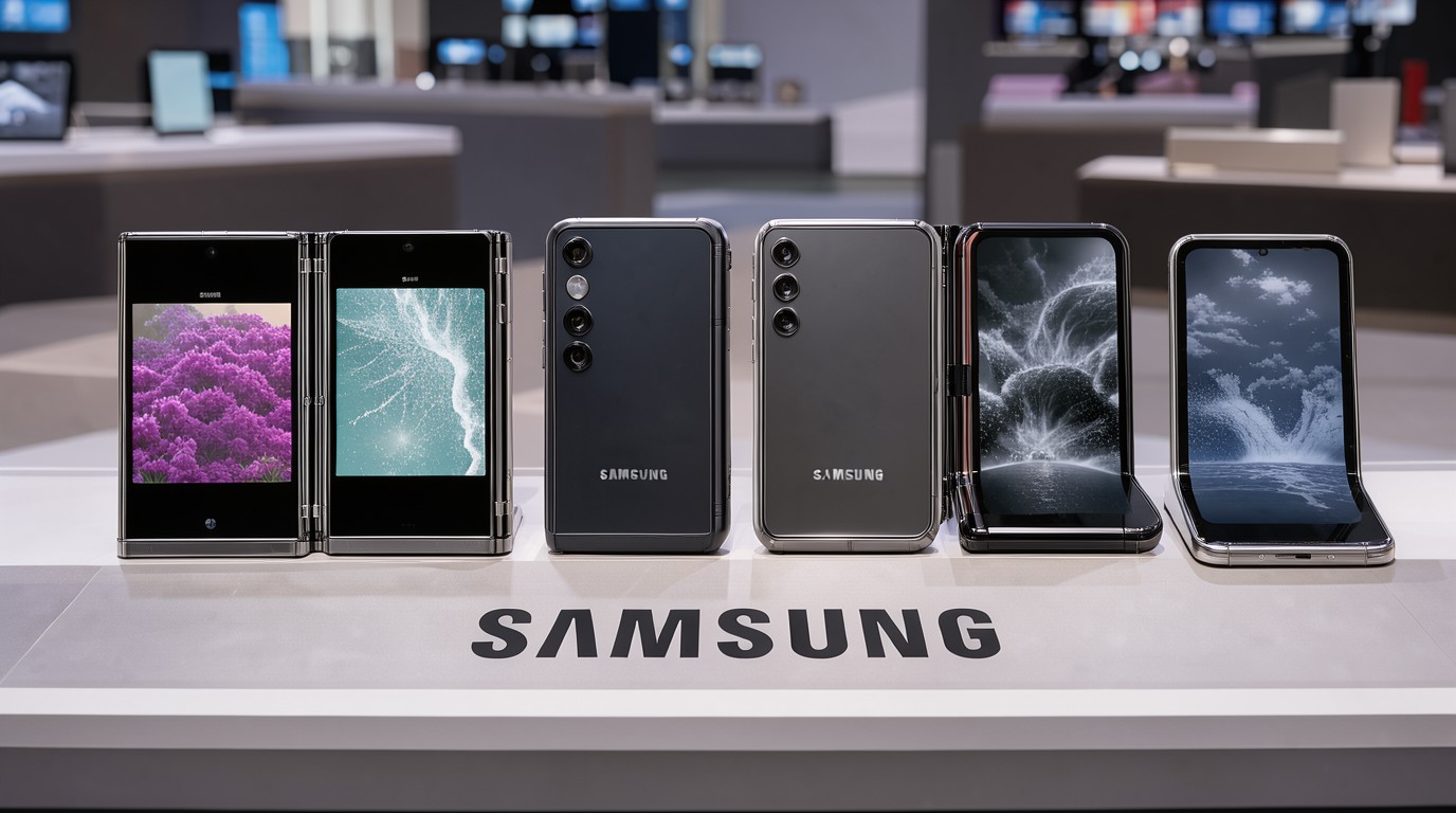 ภาพสร้างด้วย AI (ไม่ใช่ภาพถ่ายจริง) ประกอบข่าว Samsung ลือเปิดตัวมือถือจอพับ 6 รุ่นปีหน้า สู้ศึก iPhone Duo