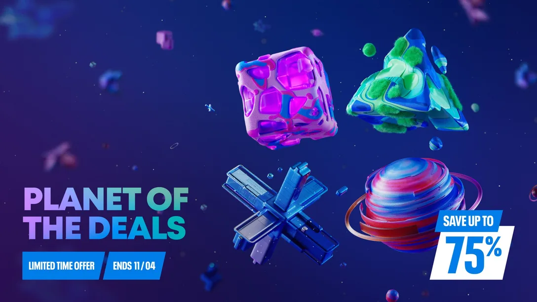 แบนเนอร์ PlayStation Store 'Planet of the Deals' พร้อมรูปร่างนามธรรม