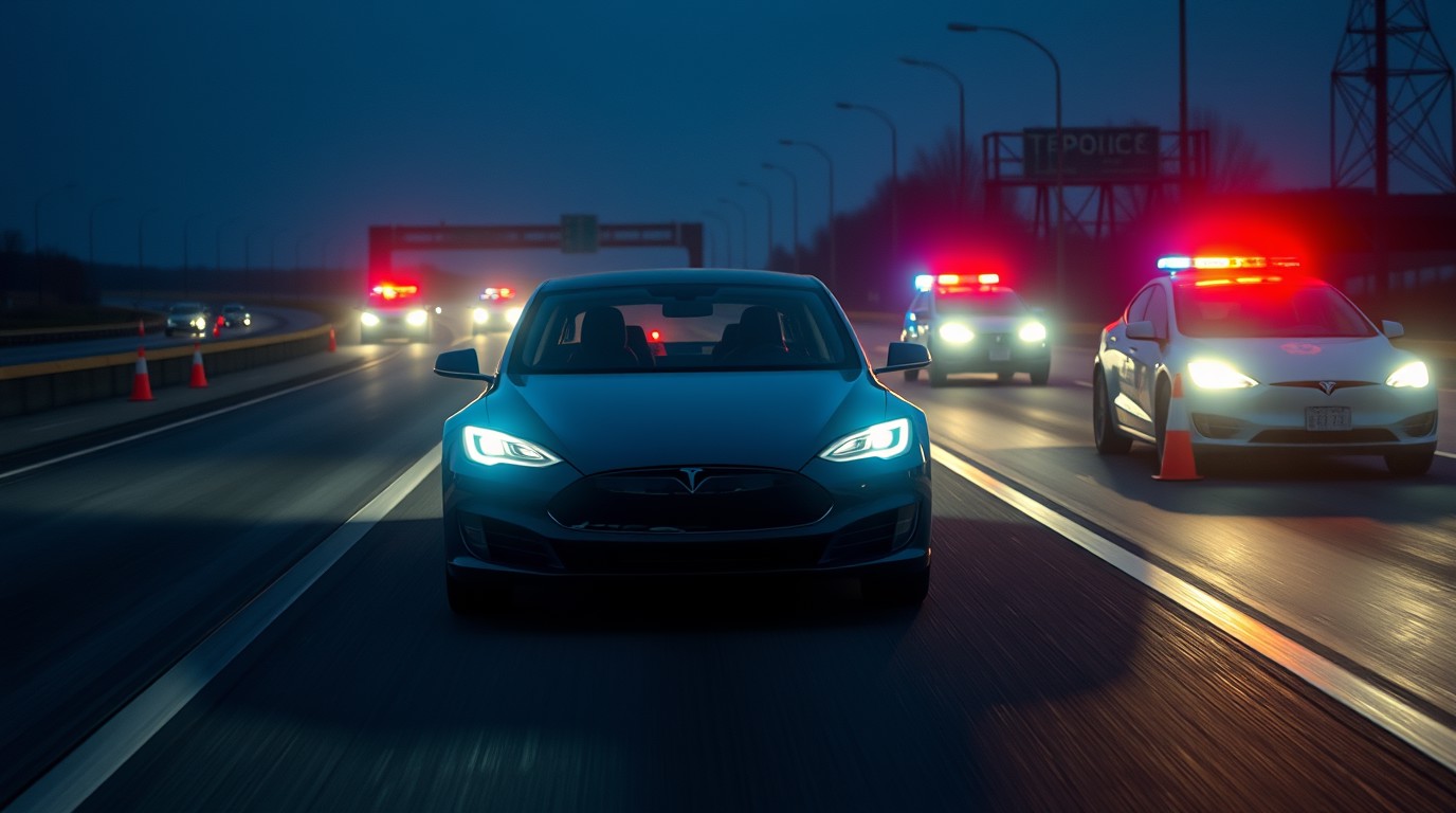 ภาพสร้างด้วย AI (ไม่ใช่ภาพถ่ายจริง) ประกอบข่าว คนขับ Tesla หลับและเปิดระบบ FSD พุ่งชนรถตำรวจทางหลวงแคลิฟอร์เนียเจ็บ 2 นาย