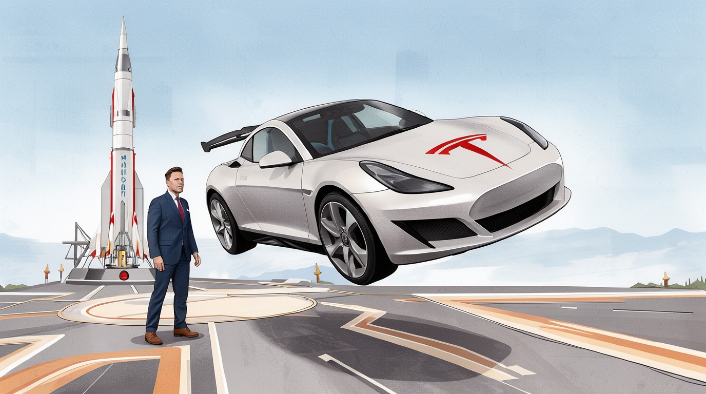 ภาพสร้างด้วย AI (ไม่ใช่ภาพถ่ายจริง) ประกอบข่าว Tesla สำรวจทางควบรวมกับ SpaceX อาจช่วยเร่งเกม autonomous driving
