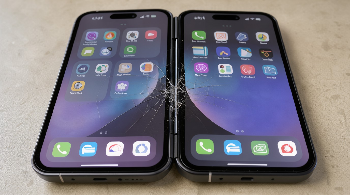 ภาพสร้างด้วย AI (ไม่ใช่ภาพถ่ายจริง) ประกอบข่าว iPhone Duo เพิ่งวางขายวันแรก มีผู้ใช้พบจอแตกตรงบานพับ