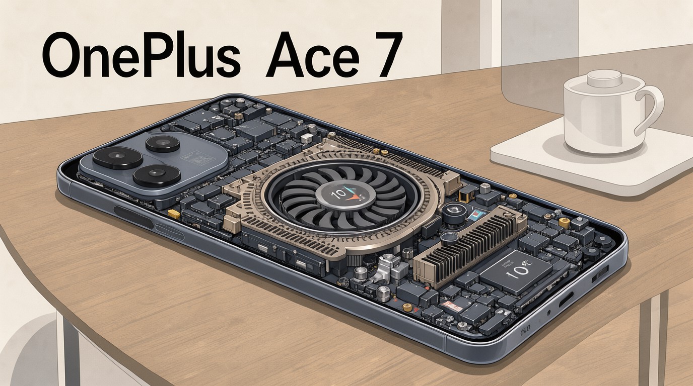 ภาพสร้างด้วย AI (ไม่ใช่ภาพถ่ายจริง) ประกอบข่าว OnePlus Ace 7 มาพร้อมพัดลมระบายความร้อนในตัว ลดอุณหภูมิได้ถึง 10°C