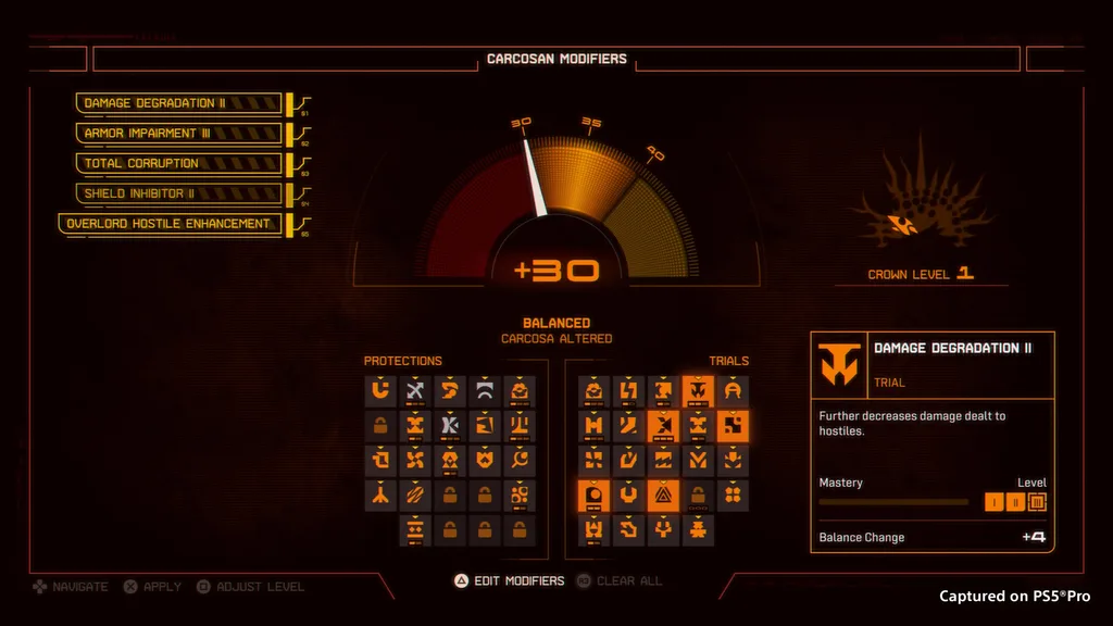 หน้าเมนู Carcosan Modifiers จากเกม The Saros