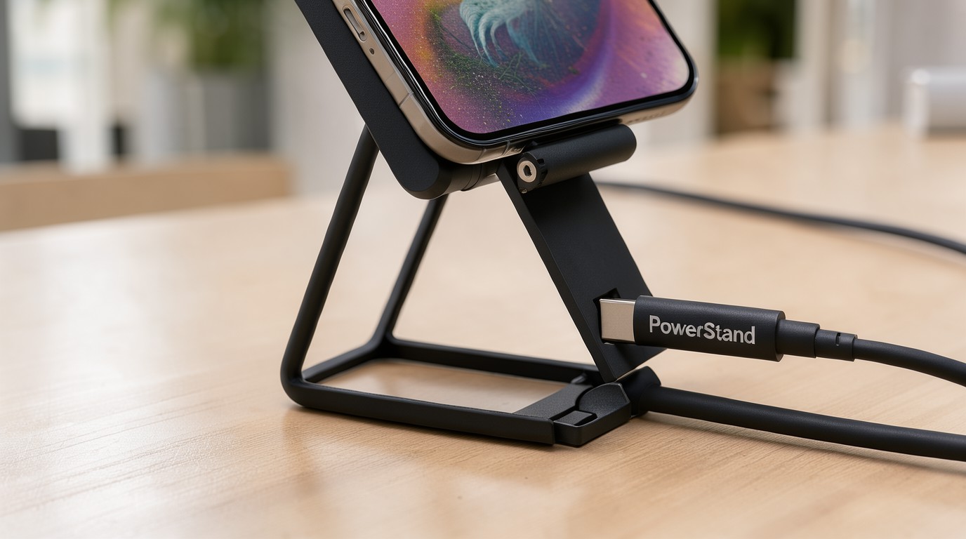 ภาพสร้างด้วย AI (ไม่ใช่ภาพถ่ายจริง) ประกอบข่าว Statik เปิดตัวสาย USB-C ที่พับเป็นขาตั้งโทรศัพท์ได้ ราคา 20 ดอลลาร์