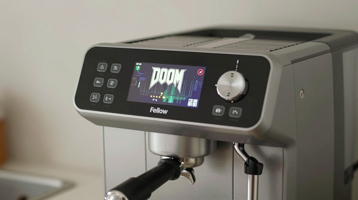 ภาพสร้างด้วย AI (ไม่ใช่ภาพถ่ายจริง) ประกอบข่าว เครื่องชงกาแฟ Fellow Espresso Series 1 รันเกม Doom ได้