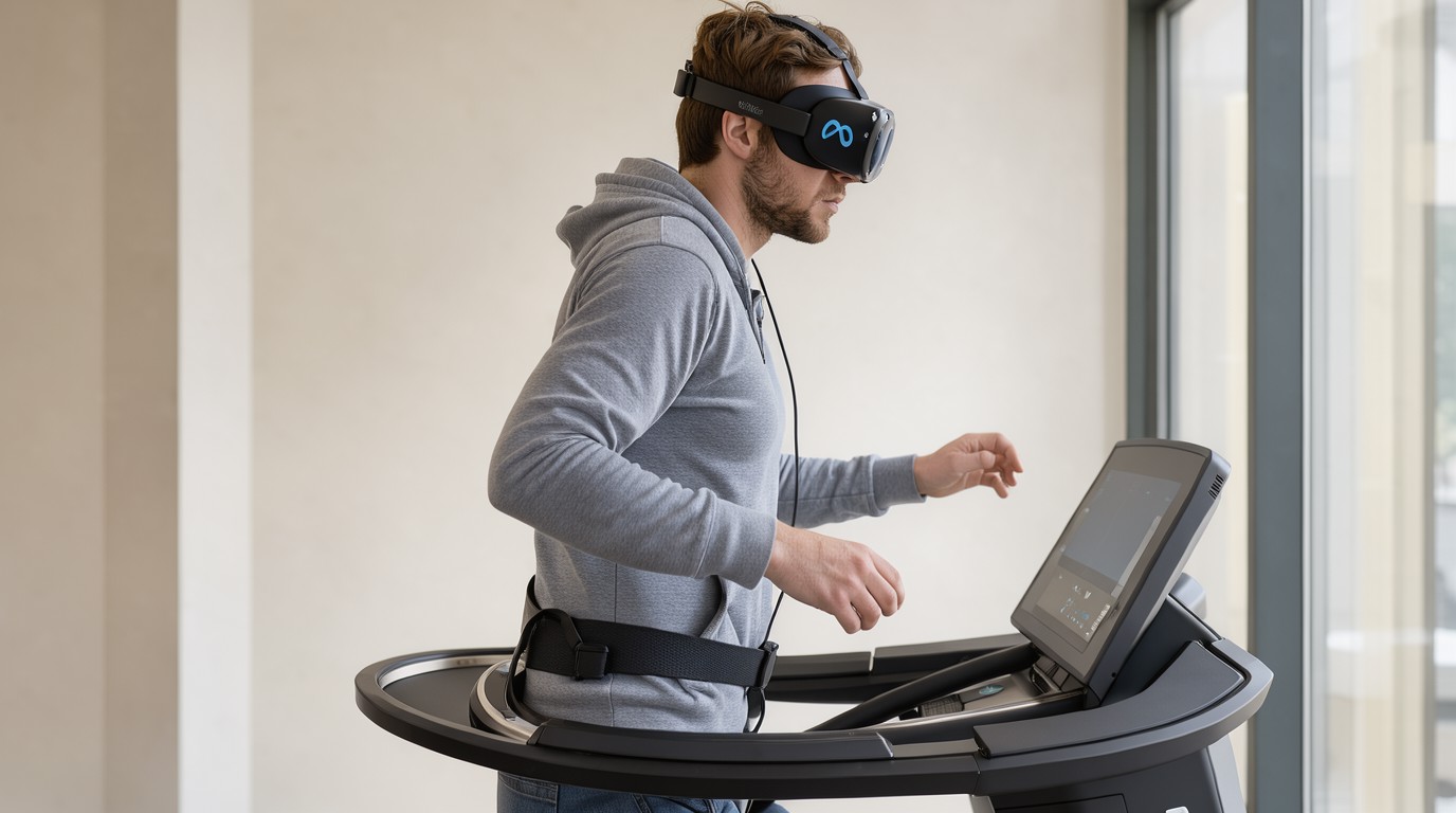 ภาพสร้างด้วย AI (ไม่ใช่ภาพถ่ายจริง) ประกอบข่าว Virtuix จับมือ Meta ขายลู่วิ่ง VR Omni One พ่วง Quest 3 หรือ 3S