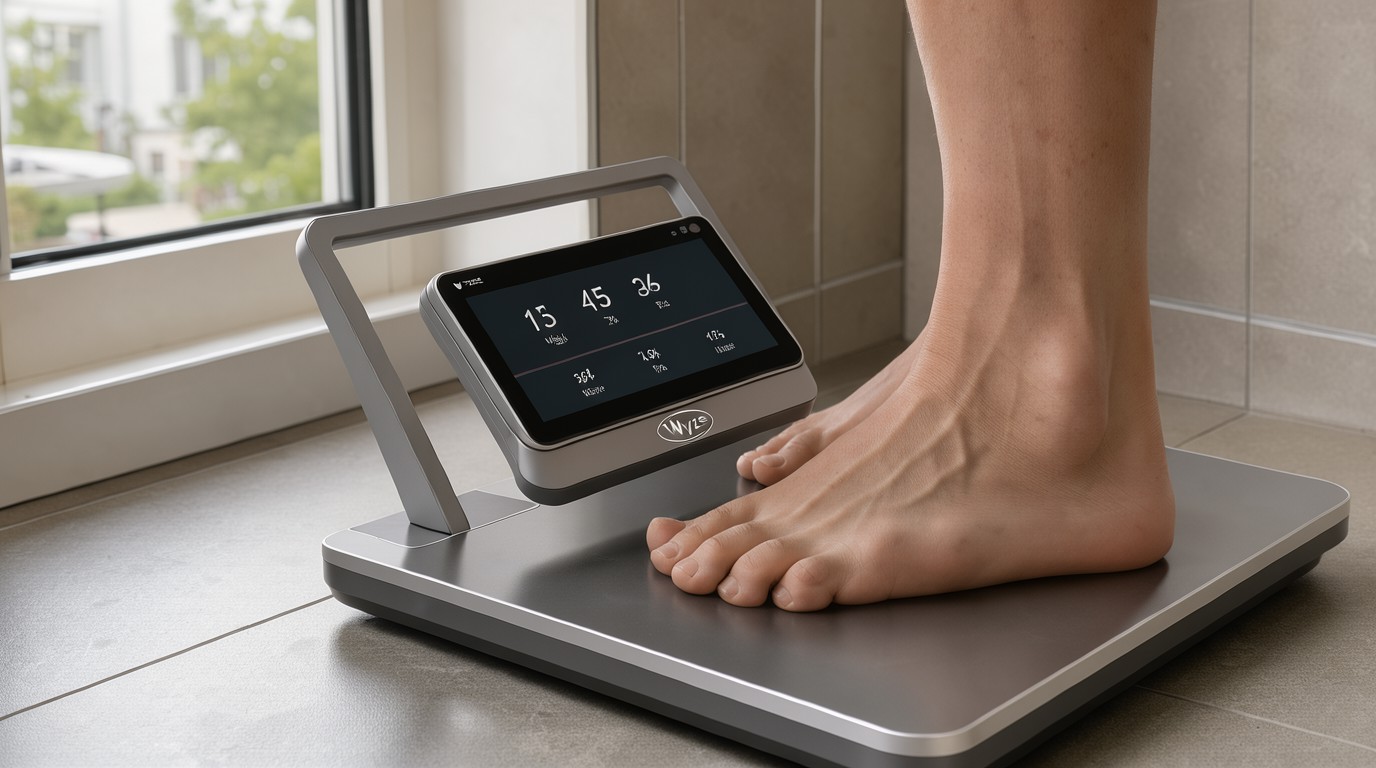 ภาพสร้างด้วย AI (ไม่ใช่ภาพถ่ายจริง) ประกอบข่าว Wyze ย้ายจอตาชั่ง Ultra BodyScan Plus ไปไว้ที่มือจับ วัดได้กว่า 50 ค่าสุขภาพ