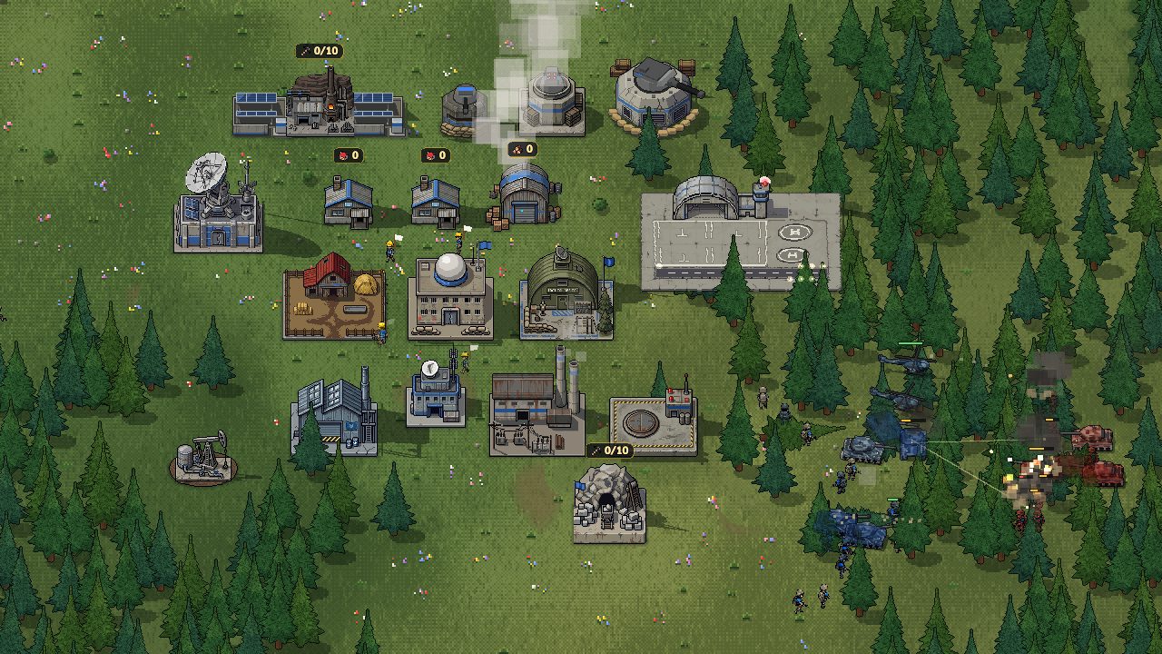 ภาพจากเกมแนวรบเหล็ก: ฐานทัพกลางป่าสนกับรถถังที่กำลังปะทะศัตรู